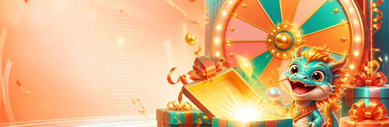 Banner sự kiện với vòng quay may mắn và hộp quà lễ hội