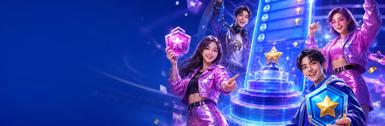 Banner cộng đồng với bảng xếp hạng hologram và huy hiệu